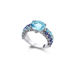 ANILLO ORO BLANCO CON TOPACIOS IOLITAS Y ZAFIROS AZULES