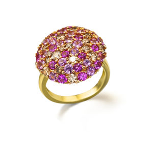 ANILLO ORO ROSA CON ZAFIROS ROSAS y DIAMANTES BROWN