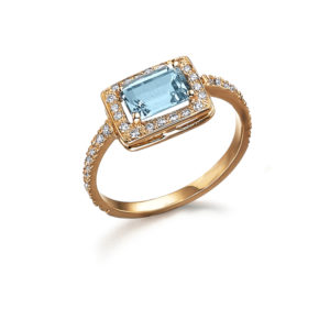 ANILLO ORO ROS CON AGUAMARINA Y DIAMANTES
