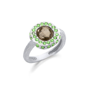 ANILLO ORO BLANCO CON CUARZO FUME Y TSAVORITAS